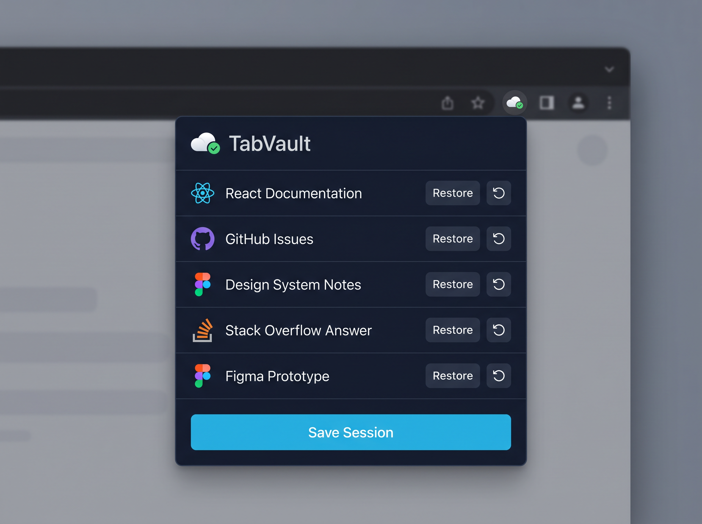 TabVault dashboard showing saved tab sessions